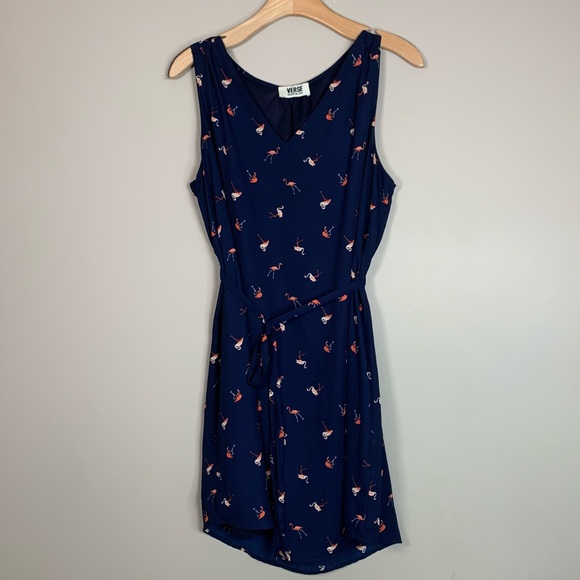 Verse Flamingo‎ Pattern Navy Dress Belted Women’s Size M / L - Picture 3 of 16